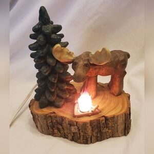 Moose With Tree Vintage Light Rustic Tree Campfire Live Edge Wood Base